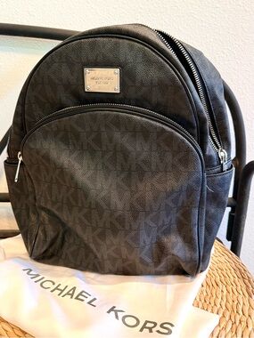Michael Kors Black Monogram Canvas Backpack with Silver Hardware